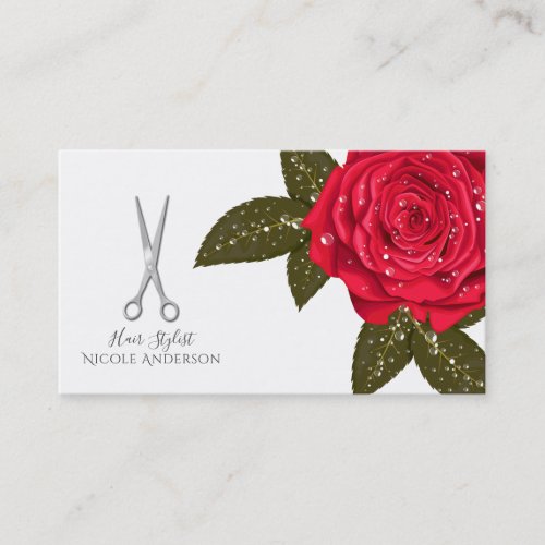 Red Rose Wet Hair Stylist Silver Scissors Business Card