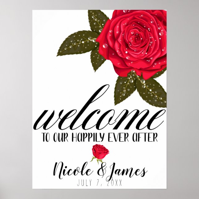 Red Rose Wet Water Dew Drops Wedding Welcome Poster (Front)