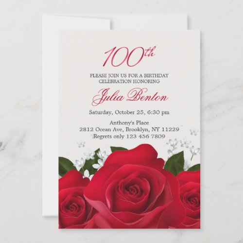 Red rose white flowers 100th Birthday Invitation