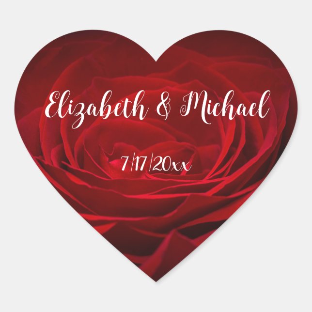 Red Rose White Handwritten Script Custom Wedding  Heart Sticker (Front)