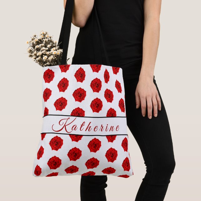 Red Rose White Personalized Tote Bag (Close Up)