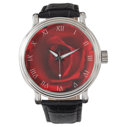 Red Rose White Script Roman Numbers Mens arc1 Watch