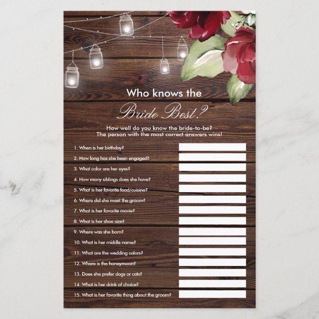 Red Rose  Who Knows The Bride Best Game (Front)