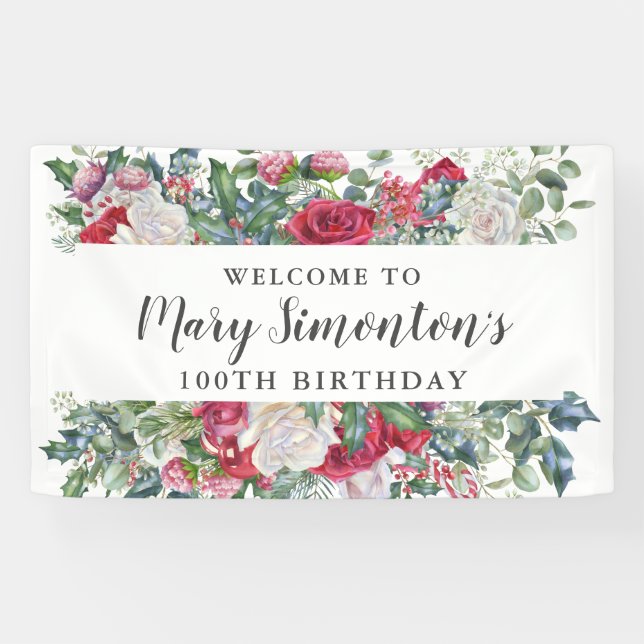 Red Rose Winter Botanical 100th Birthday Banner (Horizontal)