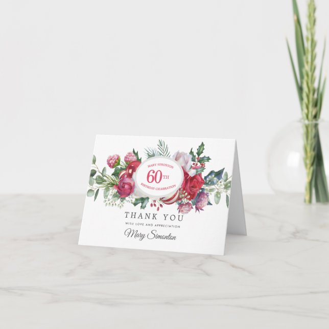 Red Rose Winter Botanical 60th Birthday Thank You Card (Front)