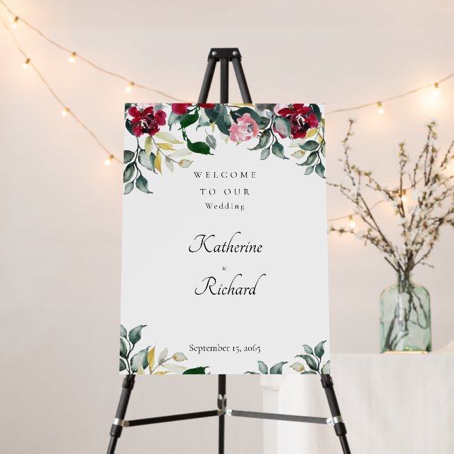 Red Rose Winter Wedding Welcome Sign (In Situ (Stand))