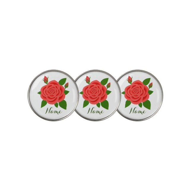 Red Rose With Buds & Text Golf Ball Markers (3 Up)