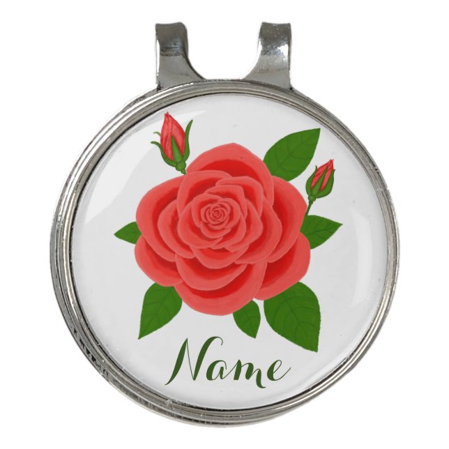 Red Rose With Buds & Text Golf Hat Clip (Front)