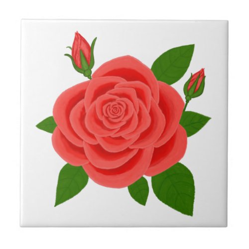 Red Rose With Buds White Ceramic Tile