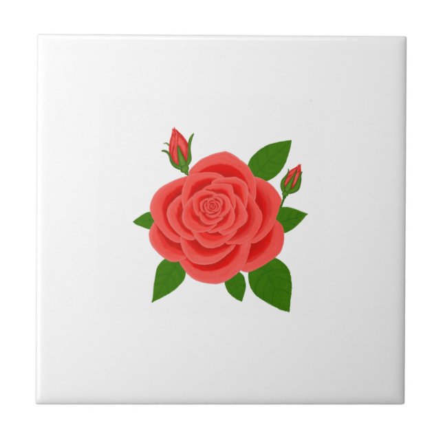 Red Rose With Buds White Ceramic Tile (Front)
