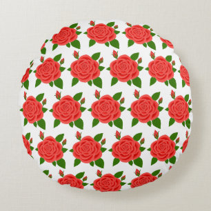 Red Rose with Buds White Round Pillow