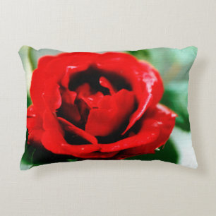 Red Rose with Dew Drops Accent Pillow