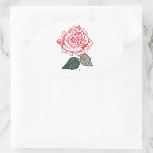 Red Rose with Dew Drops dropping from Petals Oval Sticker