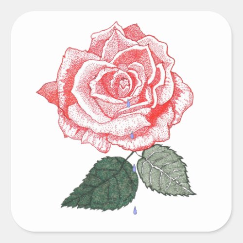 Red Rose with Dew Drops dropping from Petals Square Sticker