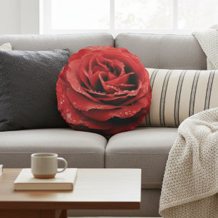 Red Rose with Dew Drops Round Pillow