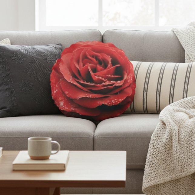 Red Rose with Dew Drops Round Pillow (Creator Uploaded)