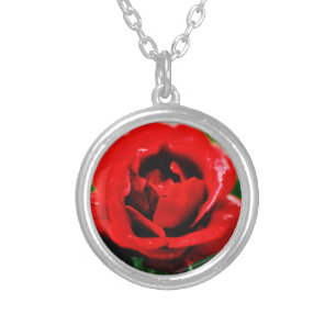 Red Rose with Dew Drops Silver Plated Necklace