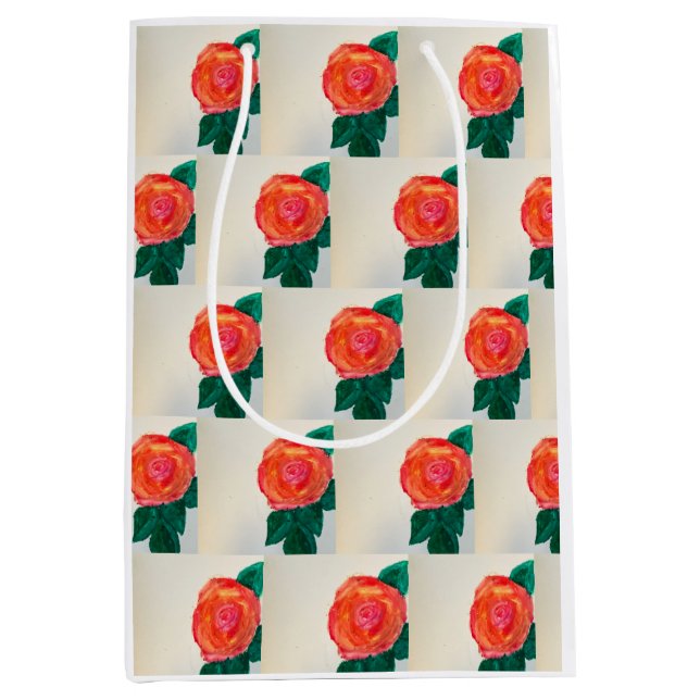 Red Rose with Green Leaves Medium Gift Bag (Front)