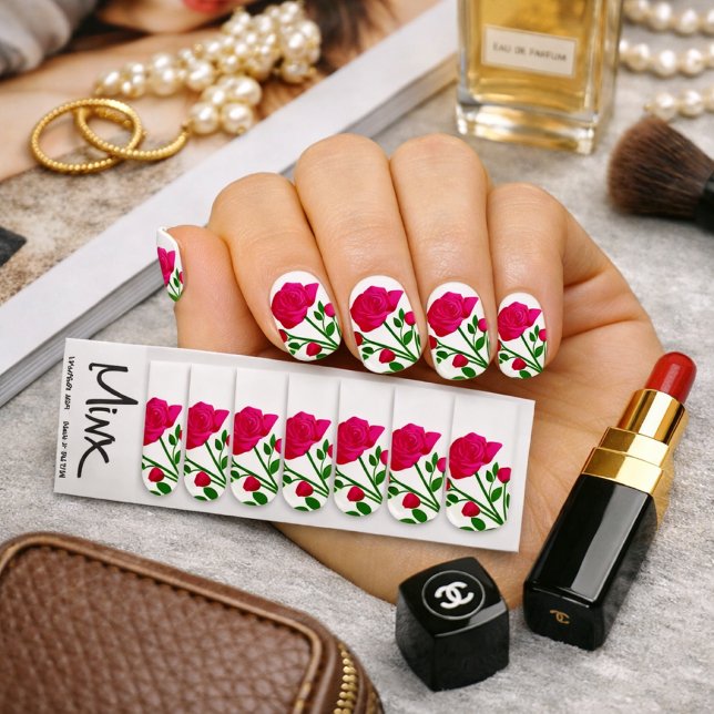 Red Rose with Green Leaves Minx Nail Art (Elegant pink rose Minx nail wraps timeless floral beauty meets modern luxury for effortlessly chic)