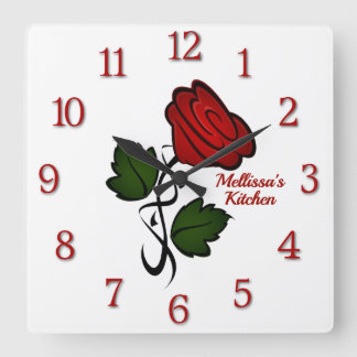 Red Rose with Name Red Numbers Square Wall Clock