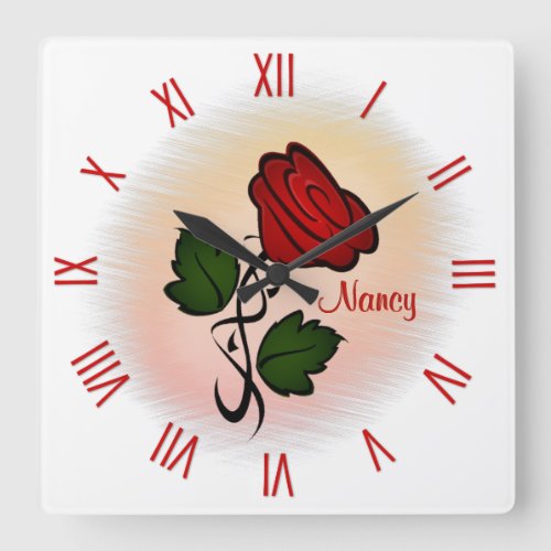Red Rose with Name Roman Numerals Square Wall Clock
