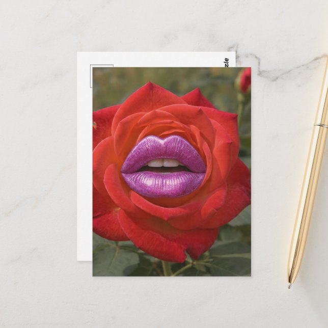Red Rose with Pink Lips Collage Postcard (Front/Back In Situ)