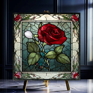 Red Rose with Vine Border 2 Stained-Glass Look Ceramic Tile