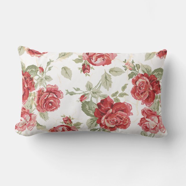 Red rose with white background print lumbar pillow (Front)