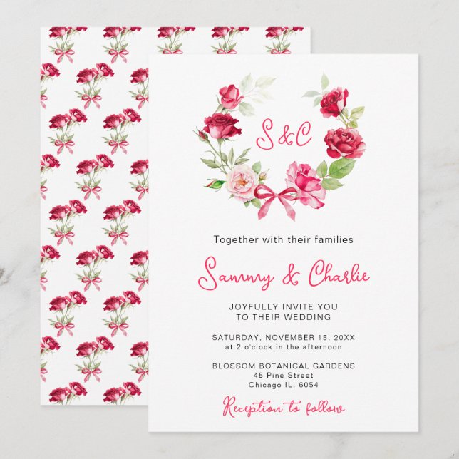 Red Rose Wreath Ribbon Wedding Invitation (Front/Back)