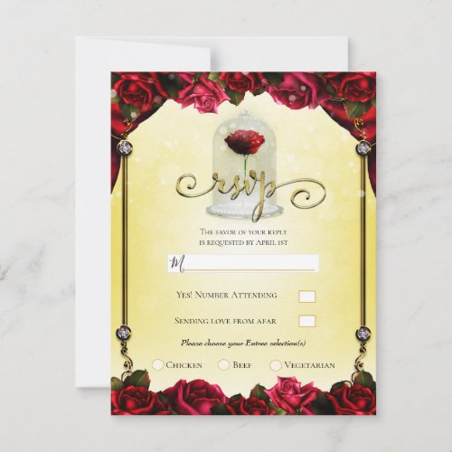 Red Rose Yellow Gold Princess Sparkle Party RSVP   Invitation