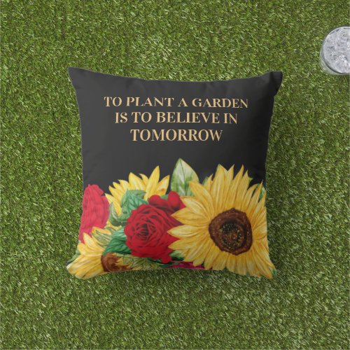 Red Rose Yellow Sunflower Black Garden Quote Outdo Outdoor Pillow