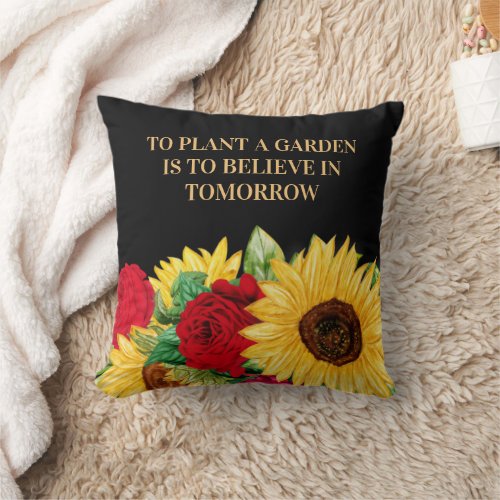 Red Rose Yellow Sunflower Black Inspiration Quote Throw Pillow