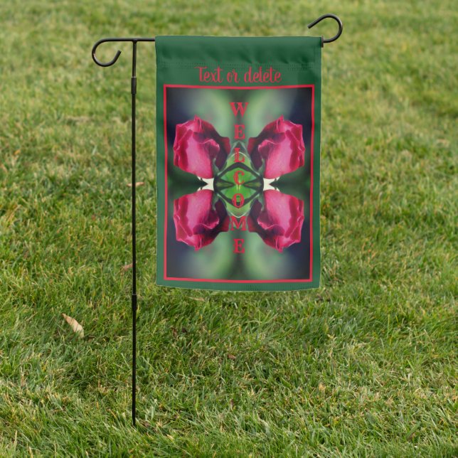 Red Rosebud Bending Abstract Personalized Garden Flag (In SItu)