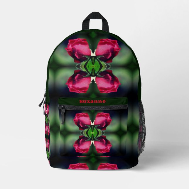 Red Rosebud Bending Abstract Personalized Printed Backpack (Front)