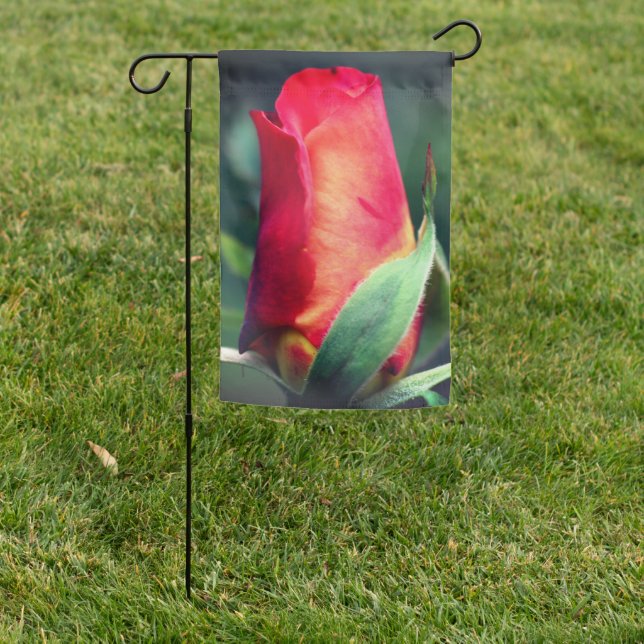 Red Rosebud Close Up  Garden Flag (In SItu)