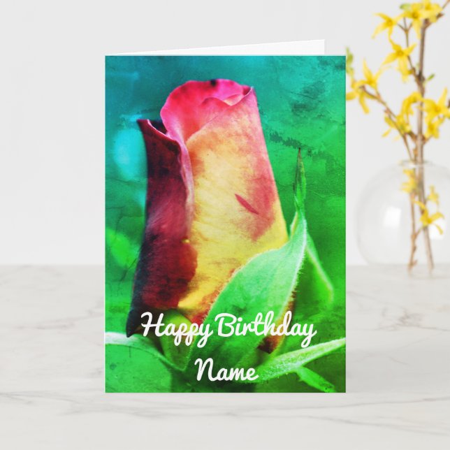 Red Rosebud Flower Art Personalized Birthday Card (Yellow Flower)