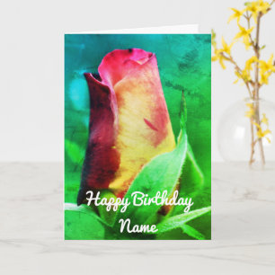 Red Rosebud Flower Art Personalized Birthday Card