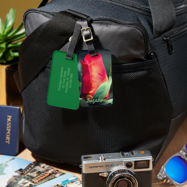 Red Rosebud Flower Personalized Luggage Tag (Front & Back)