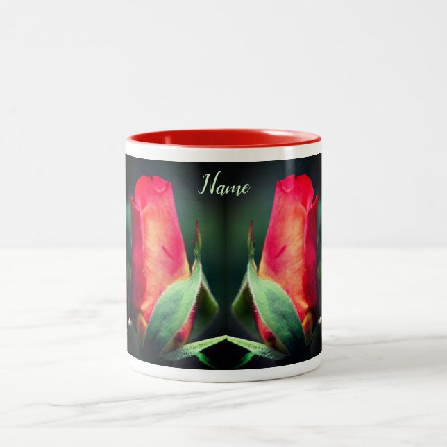 Red Rosebud Flower Personalized Two-Tone Coffee Mug (Center)