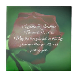 Red Rosebud Flower Personalized Wedding Ceramic Tile
