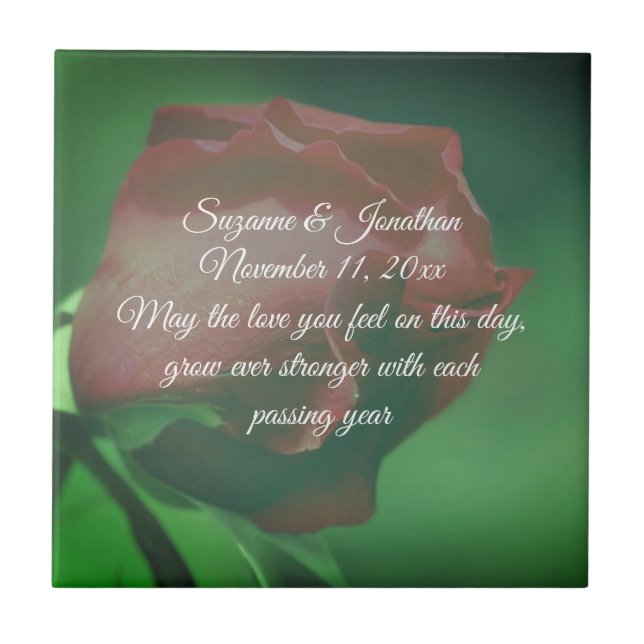 Red Rosebud Flower Personalized Wedding  Ceramic Tile (Front)