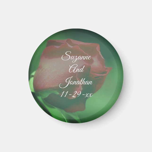 Red Rosebud Flower Personalized Wedding  Magnet (Front)