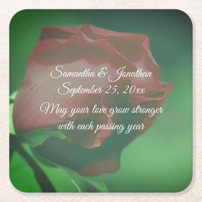Red Rosebud Flower Personalized Wedding  Square Paper Coaster (Front)