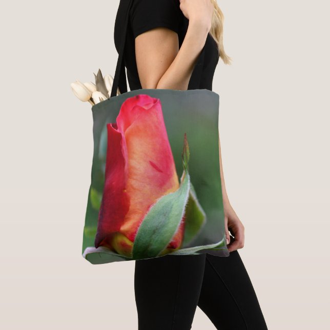 Red Rosebud Flower With Yellow Highlights Tote Bag (Close Up)
