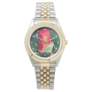 Red Rosebud Flower Yellow Highlights Personalized  Watch