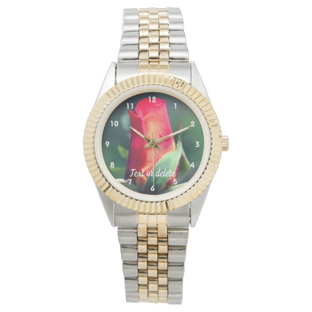 Red Rosebud Flower Yellow Highlights Personalized  Watch (Front)