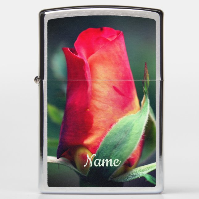 Red Rosebud Flower Yellow Highlights Personalized Zippo Lighter (Front)