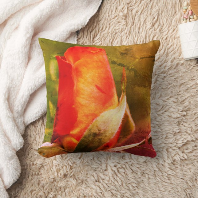 Red Rosebud Vintage Distressed Throw Pillow (Blanket)