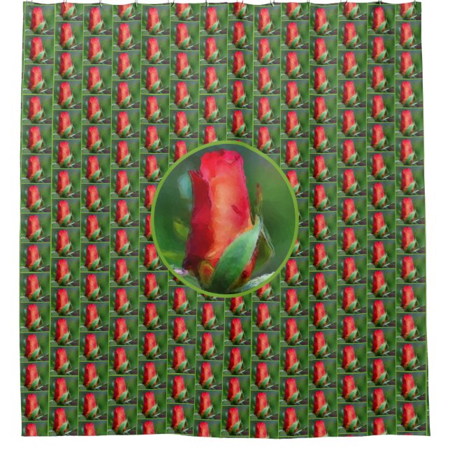 Red Rosebud Watercolor Painting Floral Pattern Shower Curtain (Front)