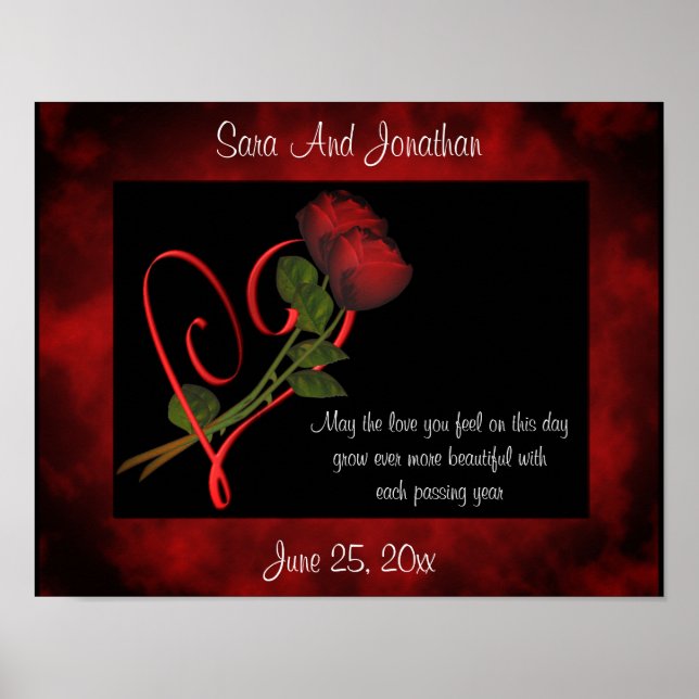 Red Rosebuds Red Heart Personalized Wedding Gift  Poster (Front)